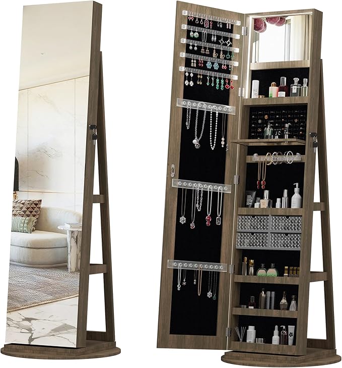 Montary 360° Rotating Jewelry Cabinet with Full-Length Mirror - Freestanding Jewelry Armoire with Lockable Storage, Built-In Lighted Mirror & Back Display Shelves,Brown