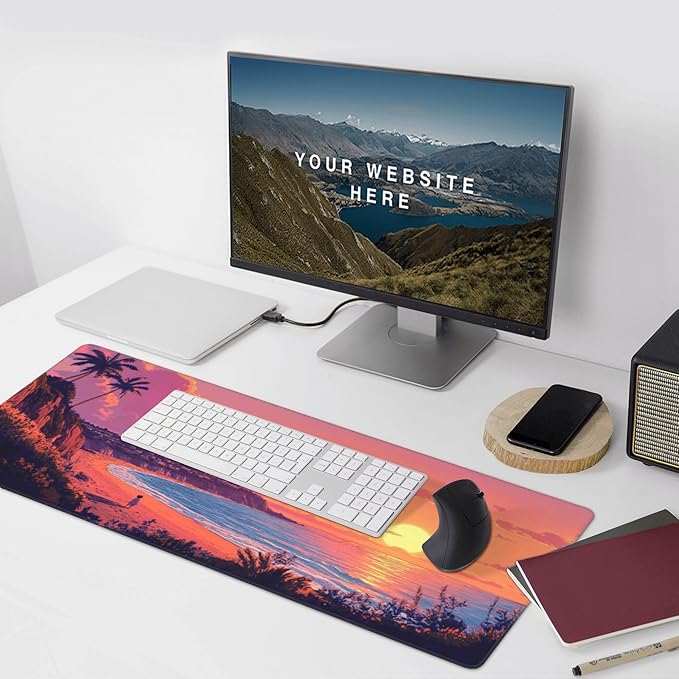 Sunset Beach Large Mouse Pad, Anime Style Gaming Desk Mat, XXL Keyboard Desk Pad Mat for Desktop, 35.4"x15.7" Non-Slip Base Big Mousepad with Stitched Edges