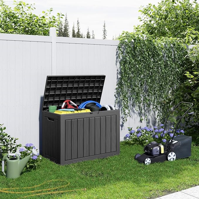 46 Gallon Outdoor Deck Box,Storage Lockable Waterproof Patio Furniture,Garden Tools,Cushions,Pool Accessories Outside Storage Resin Box(Black)