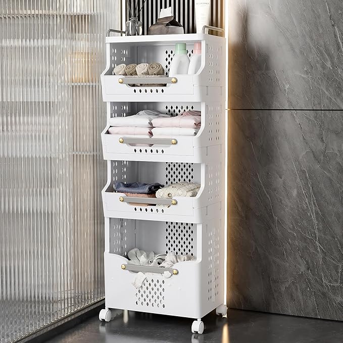 Laundry Basket with Wheels,Rolling Folding Laundry Hamper,utility cart,Kitchen storage Cart,Stackable Storage Bins Open Front,Dirty Clothes Hamper,Plastic laundry room organization