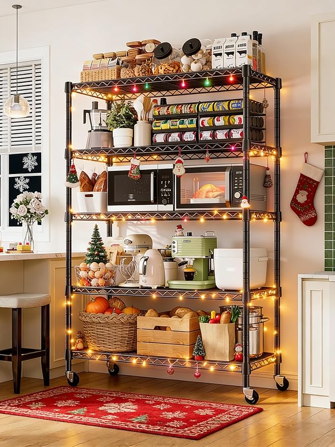 REIBII 1653LBS Storage Shelves with Wheels,76.1" H Metal Shelving 5-Tire Adjustable Wire Shelving Pantry Shelves for Garage Shelving, Pantry, Kitchen, Closet, Commercial,15.7" D x 35.4" Wx76.1 H