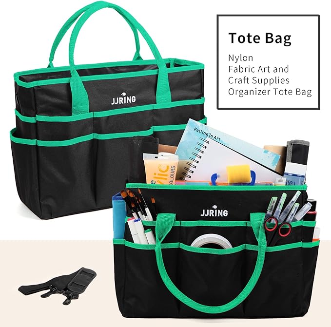 Large Multi-Functional Carrying Bag, 600D Nylon Artist Tote Bag with 16 Pockets Caddy for Art, Craft, Sewing, Make-up or School, Medical, Office Supplies Organizer, Green