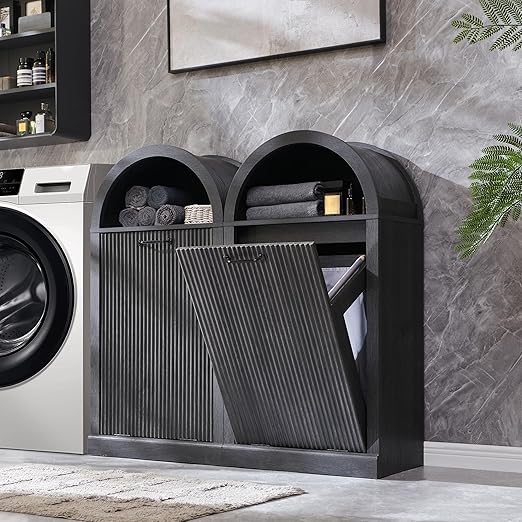 Arched Tilt-Out Trash Can Cabinet, Fluted 10 Gallon Trash Can Cabinet Set of 2, Modern Laundry Hamper Cabinet, Hidden Garbage Can with Storage Basket for Kitchen, Living Room, Dark Grey