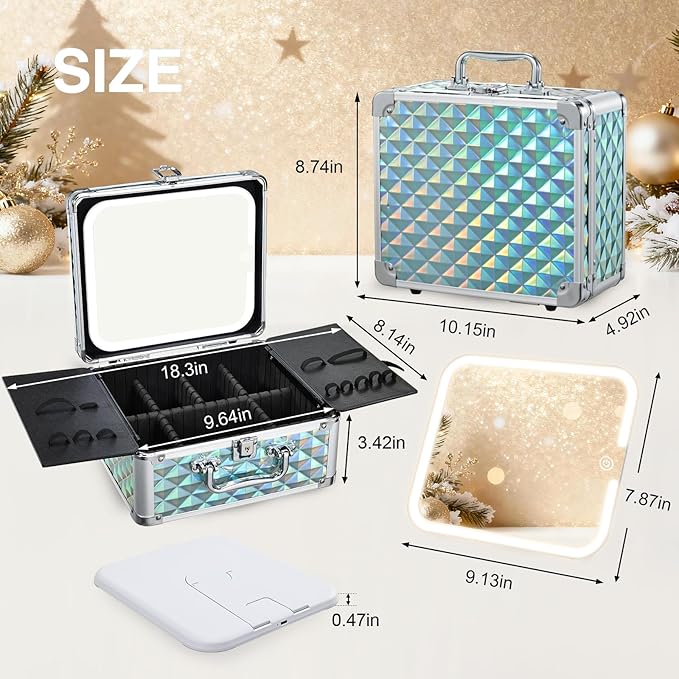 Makeup Case with Magnetic LED Mirror Travel Cosmetic Organizer Portable Makeup Box with Lighted Up Mirror Make Up Vanity Nail Box Lipstick Artist Storage with Lockable Dividers Brush Holder Shiny Blue