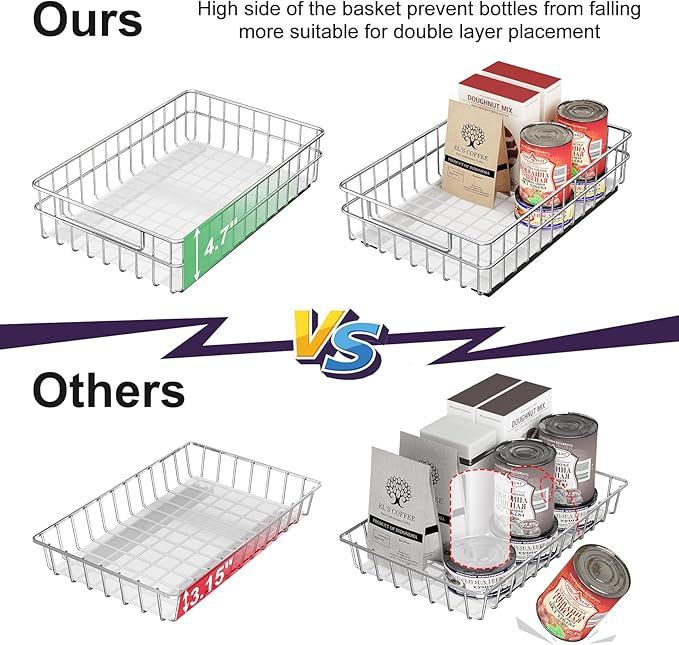Pull out Cabinet Organizer, Stainless Steel 2-Pack Slide out Drawer with Silent Full-Extension Slides, Adhesive Roll out Can Spice Storage Basket Shelf Rack for Pantry, Kitchen, Bathroom, Home Closet