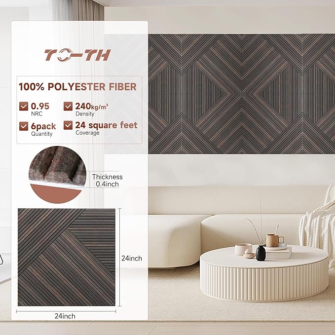 TO-TH Acoustic Wall Panels,6 Pack Total Size 72 x 48 Inches,Self-Adhesive Decorative Acoustic Panels for Wall and Ceiling,3D UV Printing with Wood Look,Rustic Walnut