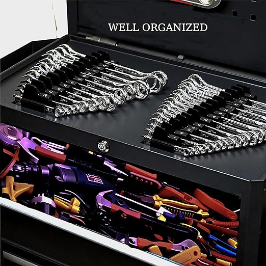 46PC Magnetic Wrench Organizer Set for Toolbox Storage - Heavy Duty Wrench Rack with SAE/Metric Labels & Upgraded Magnet - Black Tool Drawer Organizer (Ideal for Mechanics and DIY)