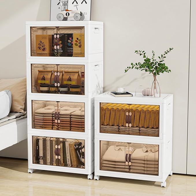 Storage Bins with Lids and Wheels, Collapsible Bathroom Storage Cabinet with Clear Doors, Plastic Stackable Closet Organizers and Storage Containers White 180 QT