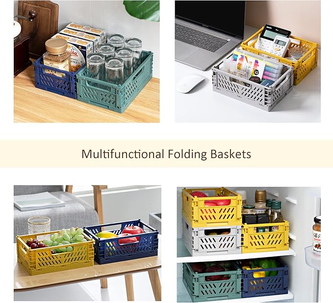 Domiella 2-Pack Crates for Storage, Storage Crates Plastic Stackable, Foldable Crate for Office Home Kitchen Bedroom Bathroom (Small, Gray)