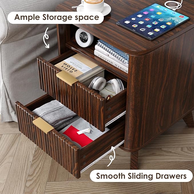 Nightstand with Charging Station, Fluted Nightstand with LED Lights, Modern Rustic Side Table with 2 Storage Drawers, Wooden End Table for Bedroom, Walnut