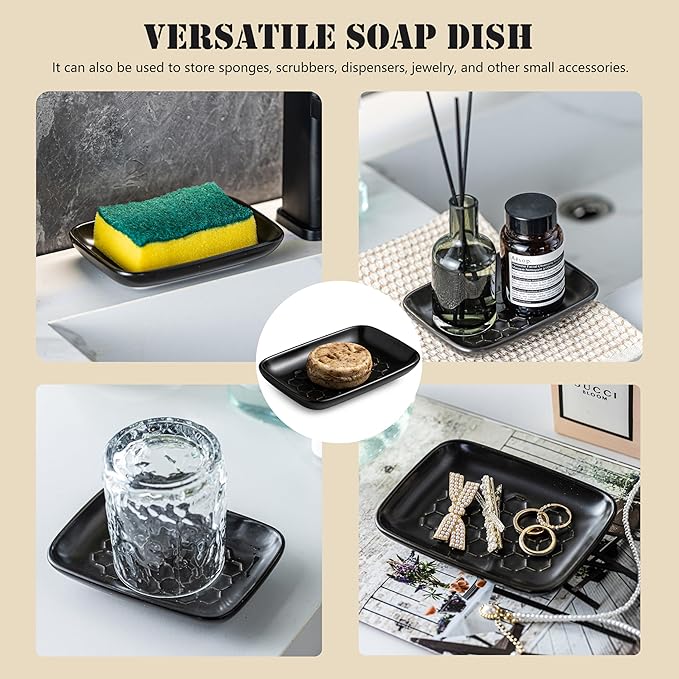 Gomakren Soap Dish for Shower, Bar Soap Holder, Ceramic Soap Dishes for Bar Soap, Christmas Sponge Holder Soap Saver Soap Tray for Bathroom Kitchen Sink, 5.5 Inch, Black