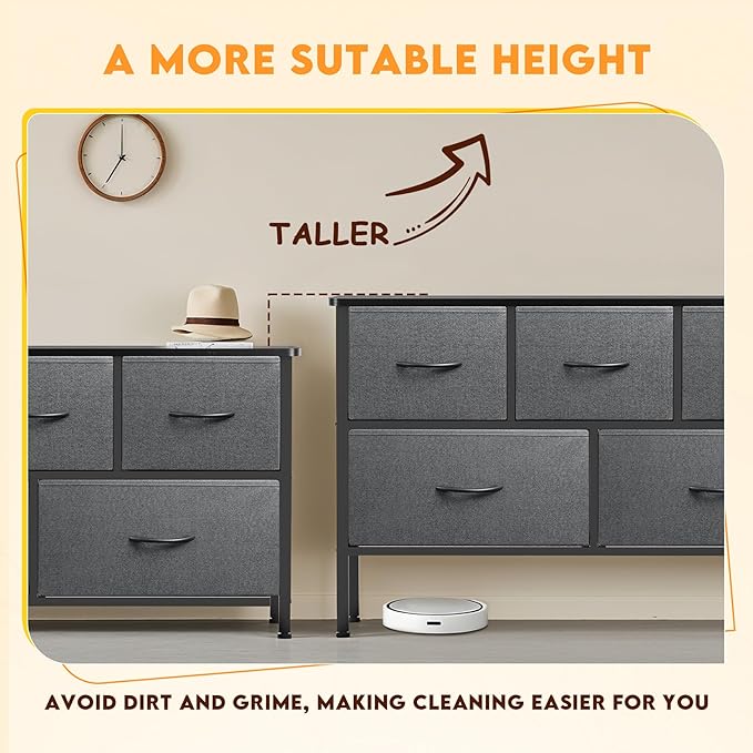 Curved Profile Dresser for Bedroom, Chest of Drawers, 5 Storage Drawers Organizer Unit, Gery Dresser with Fabric Bins for Closet, Living Room, Kid Room (Grey and Charcoal Black)