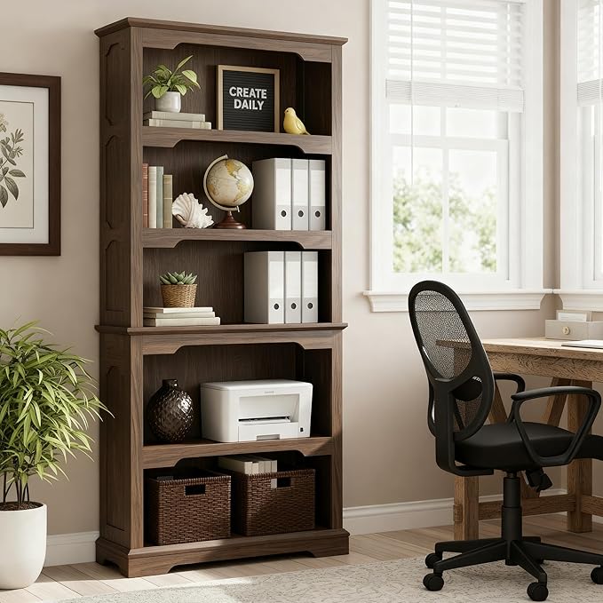 70 Inch Farmhouse Bookcase, Walnut Two-Tone Shelves, 5 Tier Bookshelf with Arched Trim, Living Room Storage Cabinet Unit, 31.5x11.8 Inches (Walnut, Open Shelf)