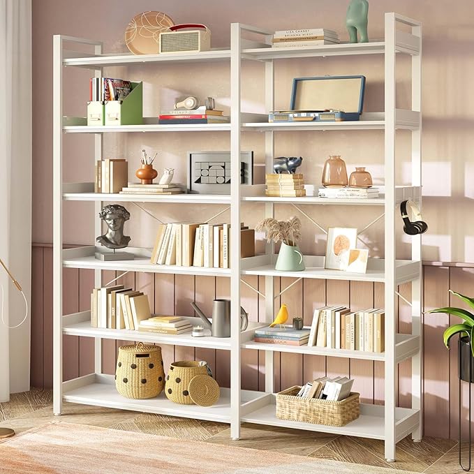 Rolanstar Bookshelf 6 Tier with 4 Hooks, Reversible Corner Bookshelf, 69" Industrial Wooden Bookcase with Open Shelves and Metal Frame for Living Room, Bedroom, Home Office, White