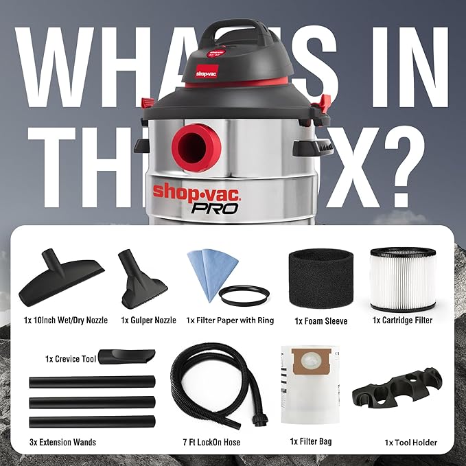 Shop-Vac 8 Gallon 6.0 Peak HP Wet/Dry Vacuum, Stainless Steel Tank, Portable Shop Vacuum with Multifunctional Attachments for Jobsite, Garage & Workshop. 5989400