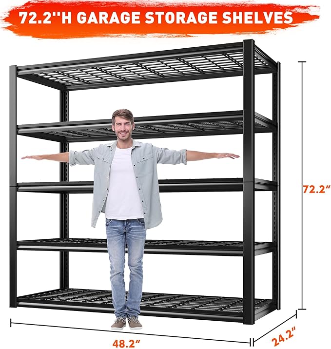 REIBII 48.2''W Garage Shelving Heavy Duty Metal Shelving 3000LBS Storage Shelves Adjustable Metal Shelves Industrial 5 Tier Garage Shelf for Basement Pantry Warehouse Supermarket, 4 Pack
