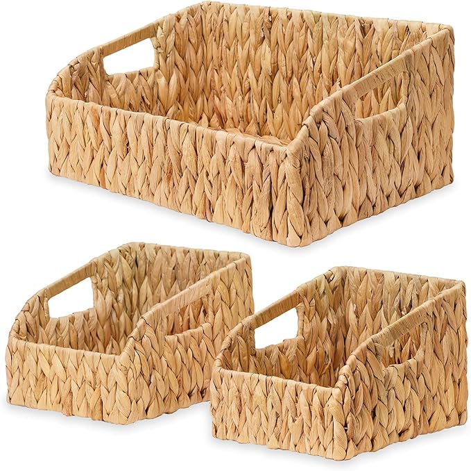 Pantry Organizers, Wicker Baskets for Organizing with Handles, Handwoven Wicker Storage Basket, Water Hyacinth Storage Bins Baskets for Shelves, Boho Decoration, 3 Pack,Natural