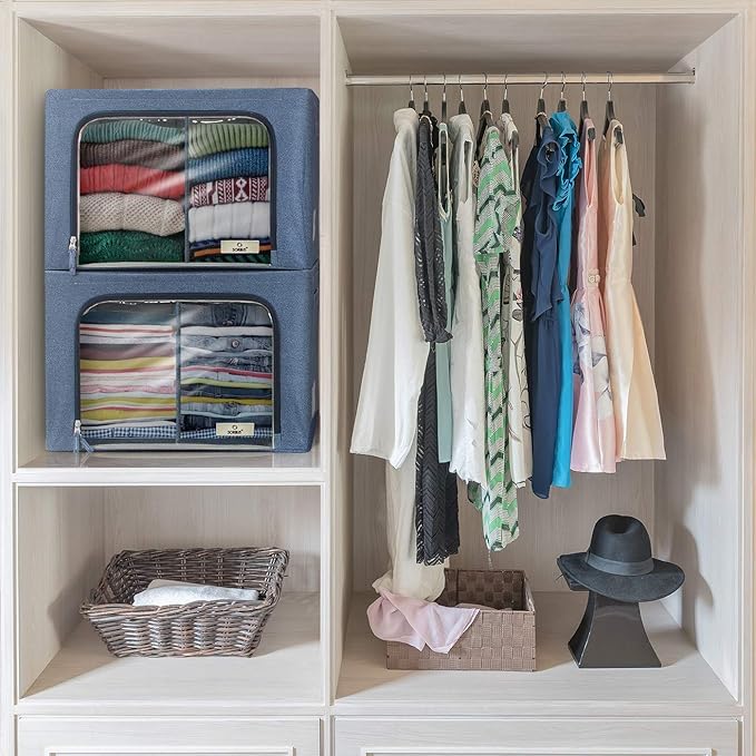 Sorbus Storage Bins with Divided Interior - Large Stackable & Foldable Organizer Containers with Metal Frame, Oxford Fabric, Large Window & Carry Handles - Organization for Bedroom, Linens & Clothes