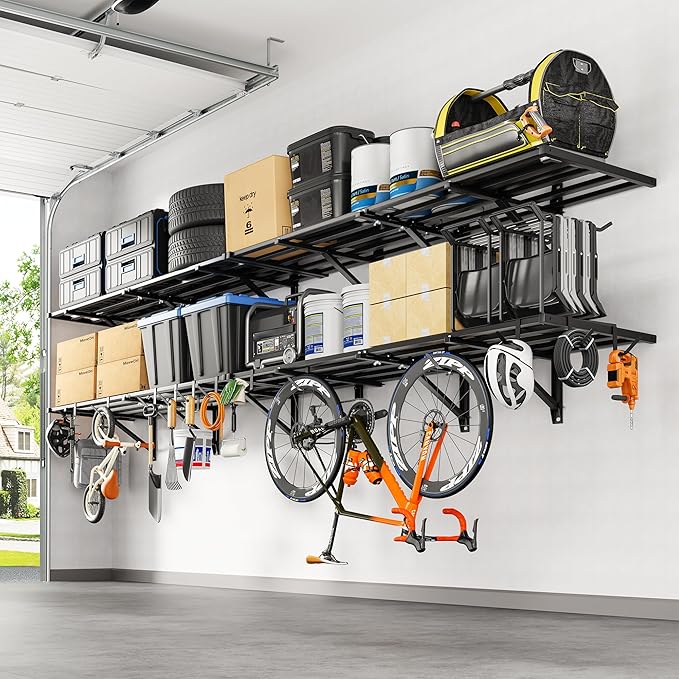 FLEXIMOUNTS 4-Pack 2x6ft Heavy Duty Garage Wall Shelving, 800lbs Capacity, Garage Shelving Wall Mounted with 8 Hooks, Storage for Power Tools, Garden Supplies, Storage Bins, Lite Series