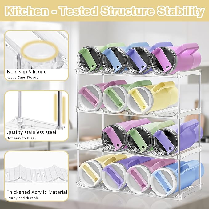 Water Bottle Organizer-Stackable Bottle Storage Rack, Water Bottle Holder for Cabinet Organization, Plastic Wine Racks/Drink Bottle Holder, 40oz Stanley Organizer for Kitchen Cabinets 4 Pack