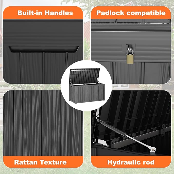 180 Gallon Resin Deck Box, Lockable Patio Outdoor Storage Box for Furniture, Garden Tools and Tools Storage, Waterproof Outside Storage Boxes - Black