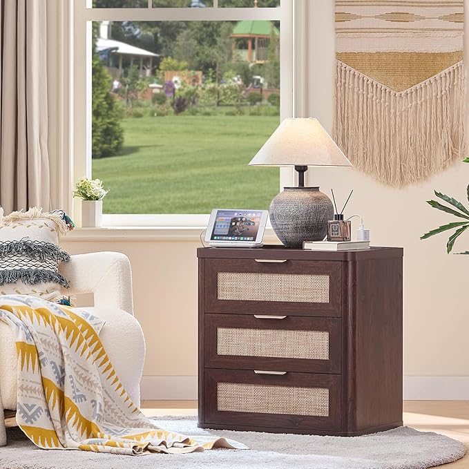 LEYAOYAO Rattan Night Stand with Charger Station, 23" Large 3 Drawer Boho Nightstand, Walnut Bedside Table Storage Cabinet, Bed Side End Tables for Bedroom, Living Room, Hallway