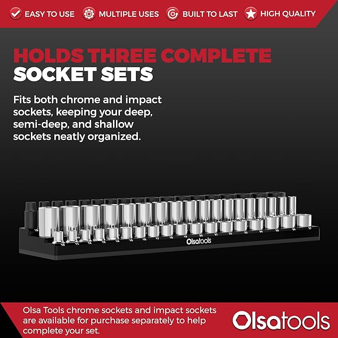 Olsa Tools Magnetic Socket Organizer (1/2-Inch Drive, 3 Row) - Magnetic Tool Organizer & Socket Holder - Tool Box Socket Organizers - Metric Black - Holds 54 Sockets - Professional Grade - Part: 1552