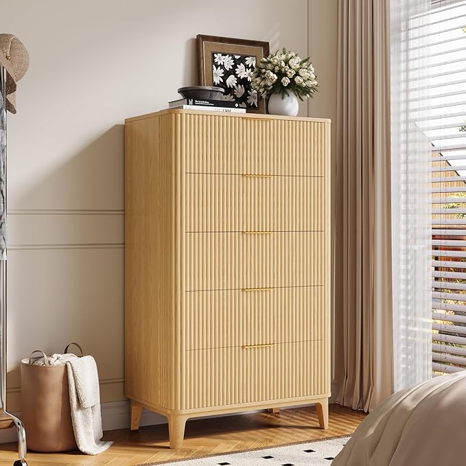Fluted 5 Drawers Dresser for Bedroom, 45" Modern Tall Chest of Drawers with Wood Grain, Farmhouse Wooden Vertical Dresser, Curved Profile Design, Wood Drawer Organizer for Closet, Hallway Natural