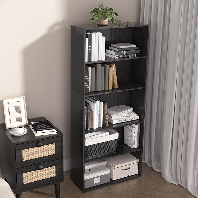5 Tier book shelf,5 Cube Storage Organizer,5 Tier Cube Low Bookcase Freestanding Storage Display Organizer, 54 Inch Versatile Cubes Shelf and Cubby Storage for Any Space (Black, 5 Cube-W(23.6inch)