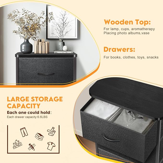 Curved Profile Dresser for Bedroom，4 Fabric Drawer Dresser with Waterproof Wood Top Chest of Drawers for Hallway, Living Room, Kid Room (Charcoal Black)