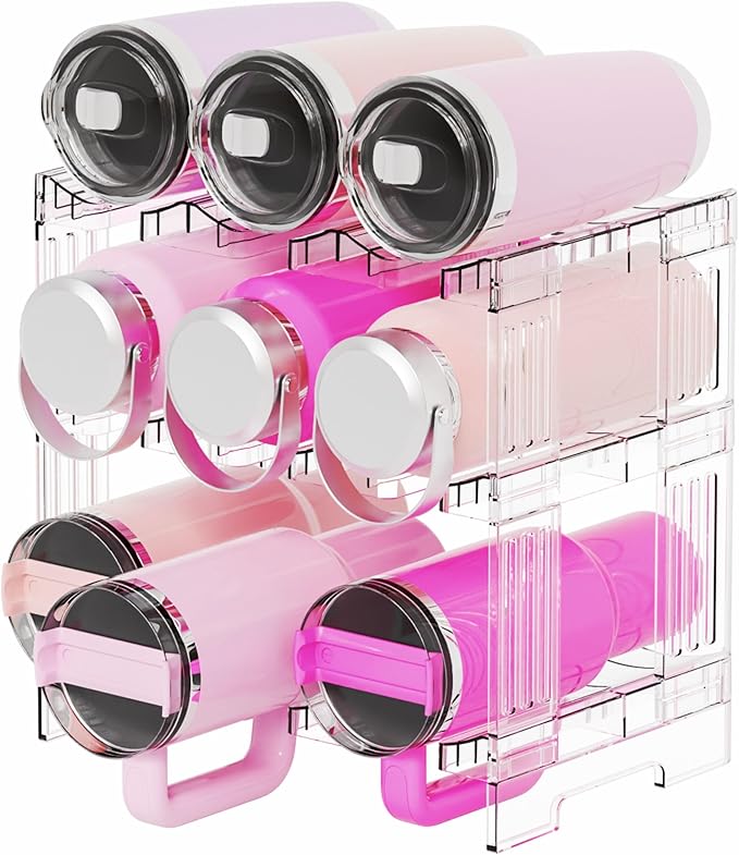 Yieach Stackable Water Bottle Organizer for Cabinet Yeti or Stanley Storage Organizers - Larger Compartment for 40 oz Stanley Cup Holder and Other Tumbler Organizers,Waterbottle Rack for Pantry,3 Tier