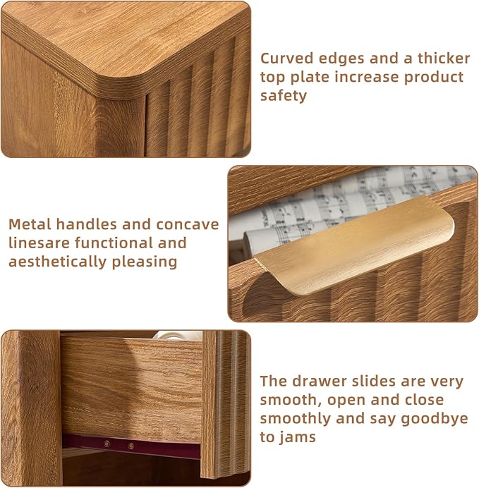 LEYAOYAO 31" Wide Fluted Nightstand Set of 2 with Charging Station, Oversized Extra Large 1 Drawer Night Stand with Golden Handle, Brown Wood Bedside Table Tall End Tables,for Bedroom, Living Room