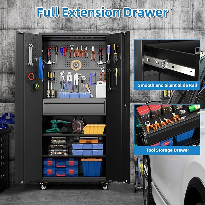 Metal Garage Cabinet with Wheels,71''H Rolling Lockable Steel Tool Cabinet with Pegboard & 1 Drawer for Garage,Home,Office Assembly Required,Black