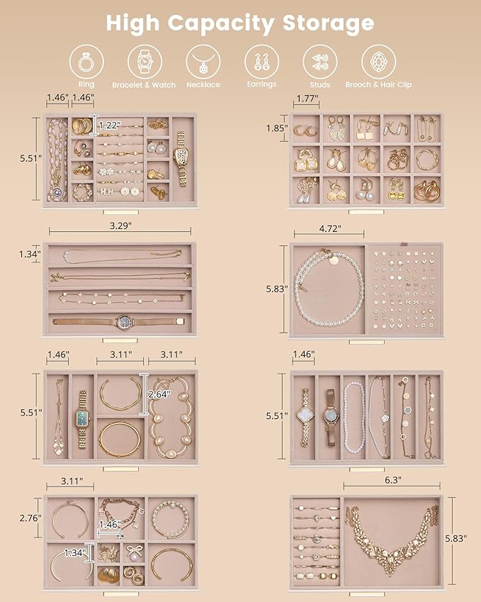 Lolalet Jewelry Box Organizer, 8-Layer Jewelry Organizers and Storage Case with Glass Lid, Ring Earring Bracelet Necklace Holder Organizer, Birthday Christmas Gifts for Women Girls -8Layer, Beige
