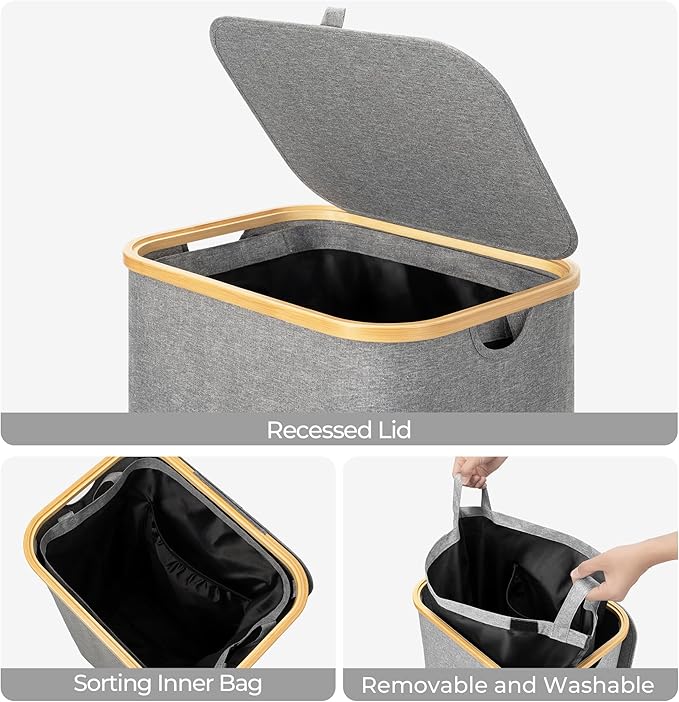 StorageWorks 100L Large Laundry Hamper with Lid, Tall Laundry Basket with Bamboo Handles and Removable Inner Bag, Collapsible Laundry Hamper for Clothing, Towels, Dark Grey, 1-Pack