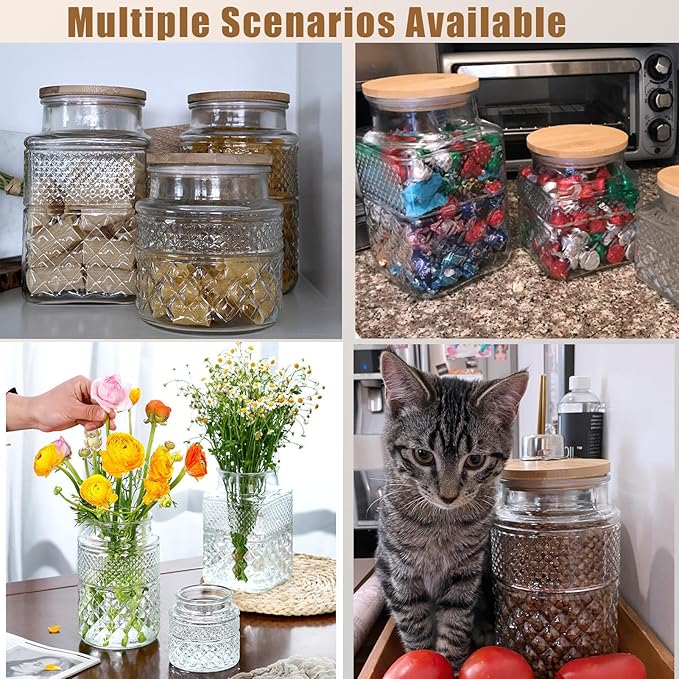 Viovian Decorative Glass Jar with Lid and Spoon 38 OZ Square Thick Glass Storage Jars Airtight Lids Clear Vintage Canister Container for Food Candy Cookie Sugar Coffee Tea Nuts Snack Dog Treat