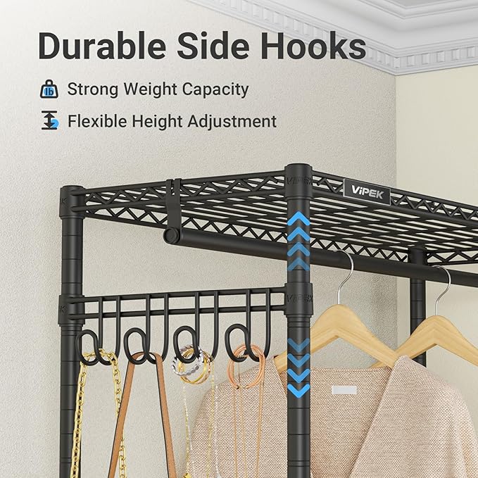 VIPEK R2 Clothes Rack Heavy Duty Clothing Rack for Hanging Clothes, Rolling Garment Rack Adjustable Closet Racks with Double Rods & Hooks, Freestanding Wardrobe Closet Coat Storage Racks, Black