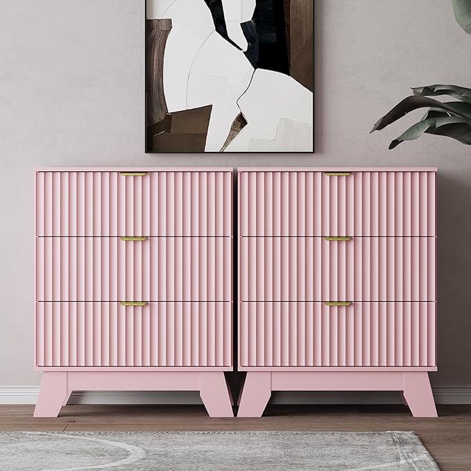 Pink Night Stand with 3 Drawers, Bedside Table & End Table, 24" Wide Mid Century Modern Fluted Wood Nightstand with Metal Handles, Farmhouse Night Stands for Bedroom