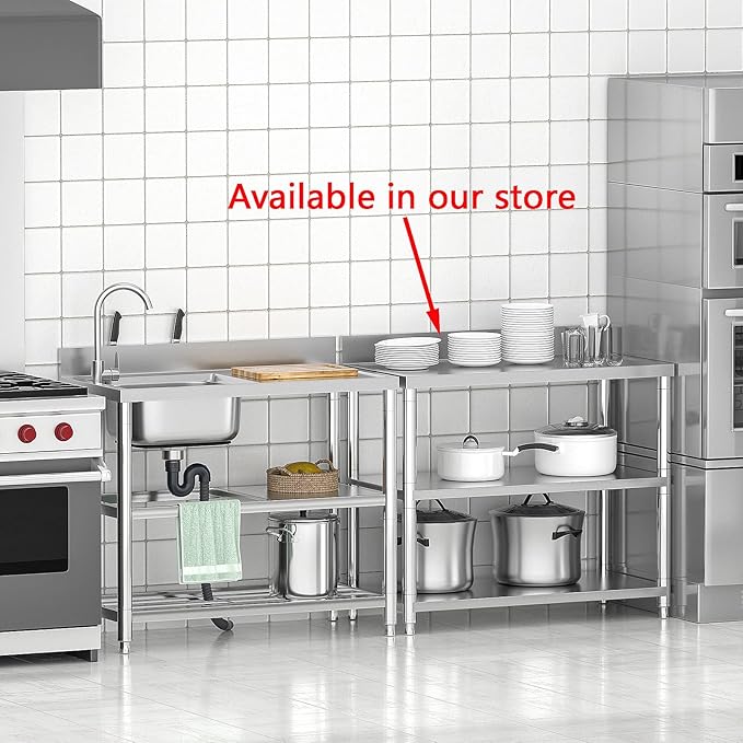 Free Standing Stainless-Steel Single Bowl Commercial Restaurant Kitchen Sink Set w/Faucet & Drainboard, Prep & Utility Washing Hand Basin w/Workbench & Double Storage Shelves Indoor Outdoor (39.5in)