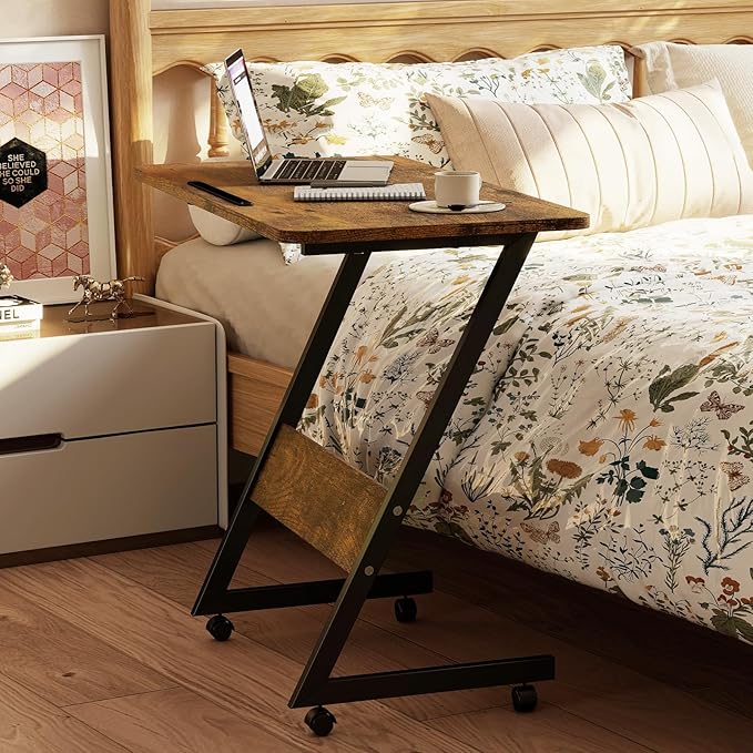 Overbed Bedside Table with Wheels,Small Desk Portable Rolling,Overbed Table Home Use, Portable Computer Stands,Movable Desk (Rustic Brown)