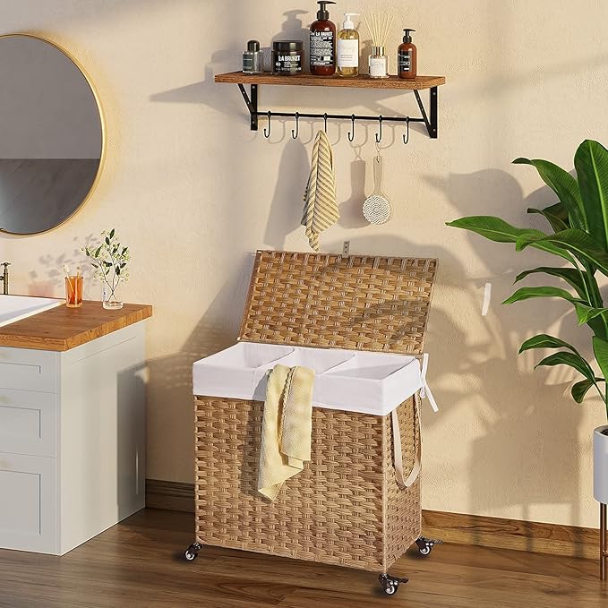 Greenstell Laundry Hamper with Wheels&Lid, 130L Large 3 Sections Clothes Hamper with 2 Types Removable Liner Bags, 5 Mesh Laundry Bags, Handwoven Divided Laundry Basket for Clothes, Natural