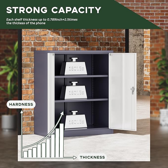Greenvelly Metal Storage Cabinet, 36" Locking Storage Cabinet with Doors and Shelves, Lockable Storage Cabinets for Home Office, Utility Locker Cabinet, Steel Garage Cabinet with 2 Keys, White Grey