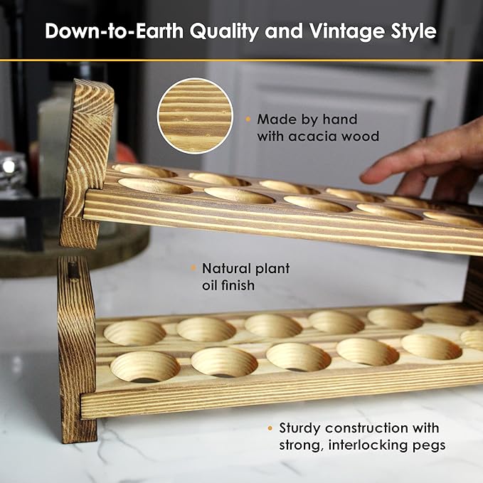 Expandable Stackable Wooden Egg Holder Countertop for 24 Eggs, Rustic Kitchen Decoration, Two-Piece Compact Egg Rack for Counter - Chicken Decor - Gui's Chicken Coop (Double Rack)