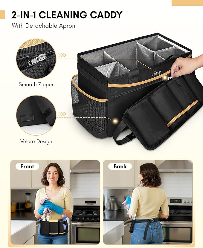 Ytonet Cleaning Caddy Bag with Detachable Apron, Extra Large Cleaning Supplies Organizer with Foldable Dividers, Portable Cleaner Tote with Handle, Cleaner Caddy for Housekeeper, Black