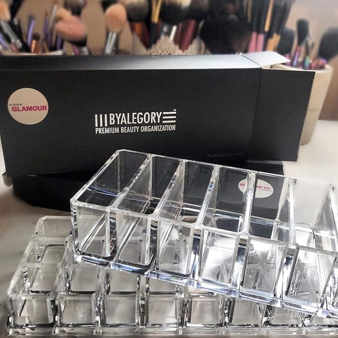 byAlegory Acrylic Lipstick & Acrylic Compact Makeup Organizer Set For Bronzer Highlighter Powder & Blush 32 Space Refillable Cosmetic Storage - Clear