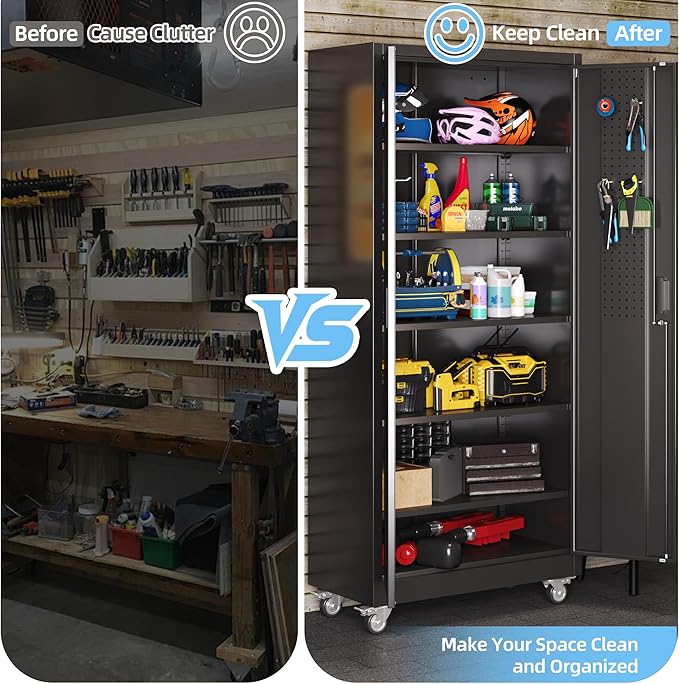 Metal Garage Storage Cabinet with Wheels & Pegboard, Lockable Metal Storage Cabinets with 2 Doors&5 Adjustable Shelves for Garage&Home,Assembly Required,Black 71''H x32''W x16''D