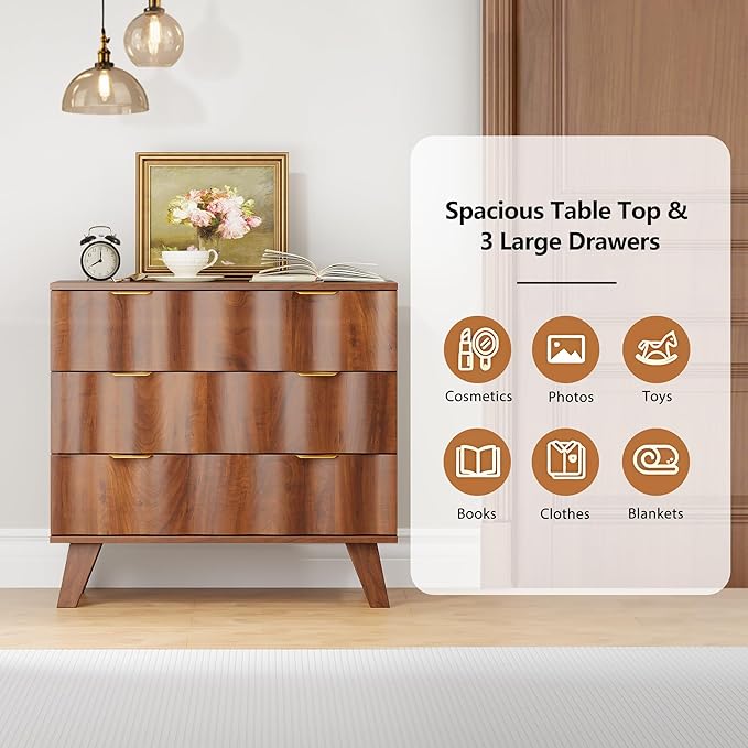 3 Drawer Dresser, Fluted Chest of Drawers with Handles for Closet, Large Nightstand with 3 Drawers Accent Cabinet for Bedroom, Living Room, Hallway (Walnut)