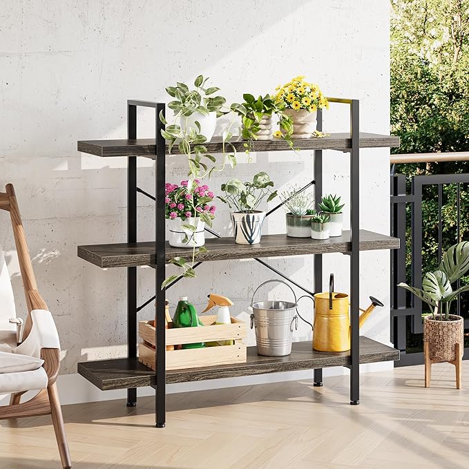 Heavy Duty 3-Tier Industrial Bookcase, 39" Wide Wood Bookshelf for Home Office, 120lbs Shelf Capacity, Rustic Shelving Display with Reinforced Horizontal Shelf for Living Room Bedroom, Grey