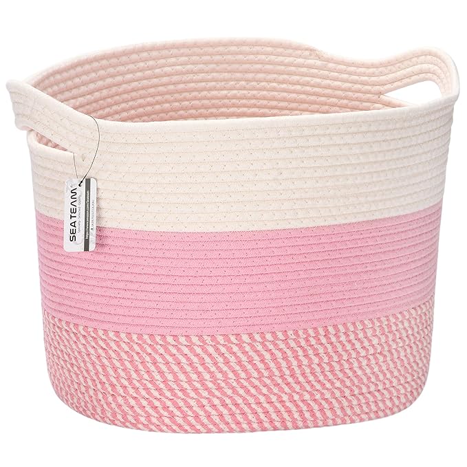 Sea Team Oval Large Cotton Rope Woven Storage Basket with Handles, Diaper Caddy, Baby Shower Basket, Nursery Nappies, Clothes Toys Organizer for Kid's Room, 16 x 13 inches, White & Mottled Pink