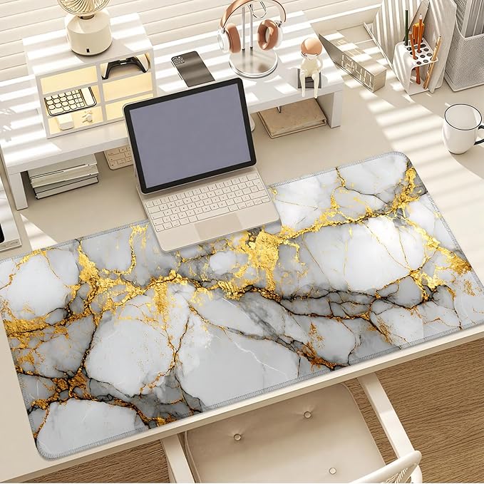 White Marble Mouse Pad – Large Extended Desk Mat 35.43 x 15.75 in – Elegant Gold Vein Design, Non-Slip Rubber Base, Waterproof Surface, Keyboard & Mouse Pad for Office, Gaming, Home Decor